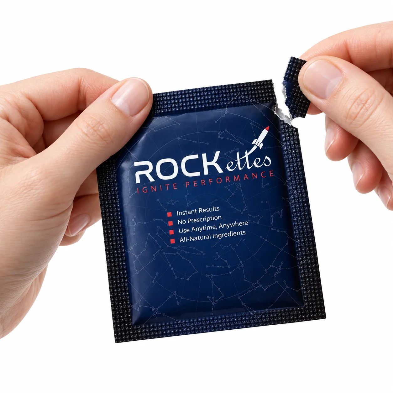 Hands tearing open a genuine navy ROCK-ettes packet