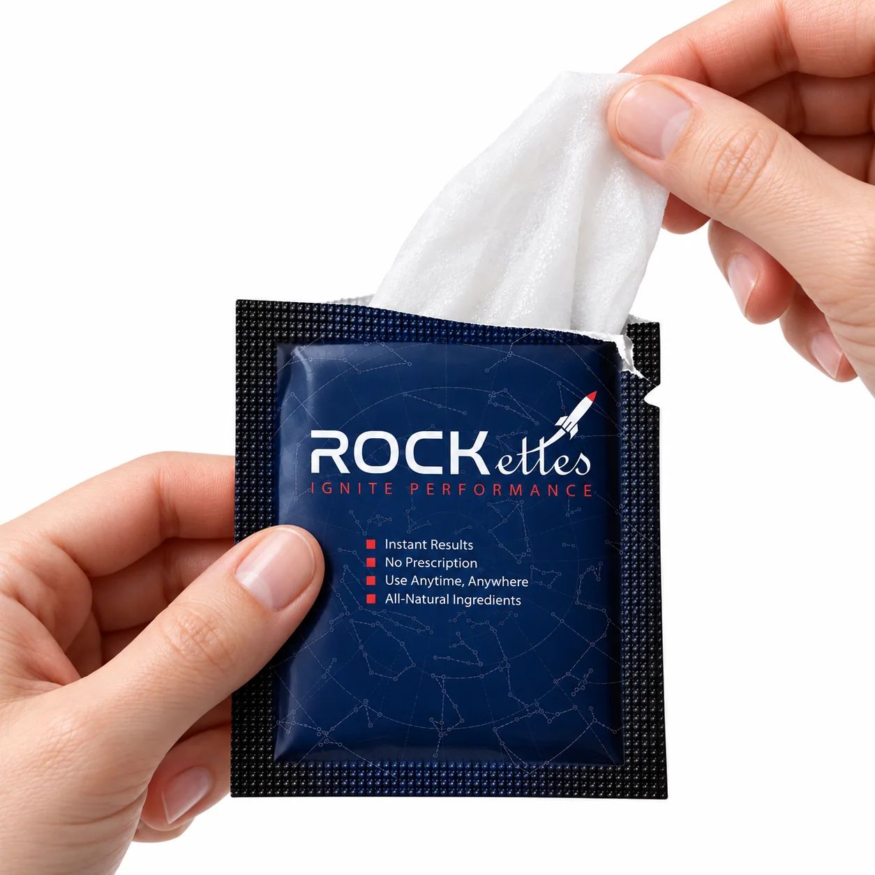 Hand pulling a thin white wipe from a genuine navy ROCK-ettes packet