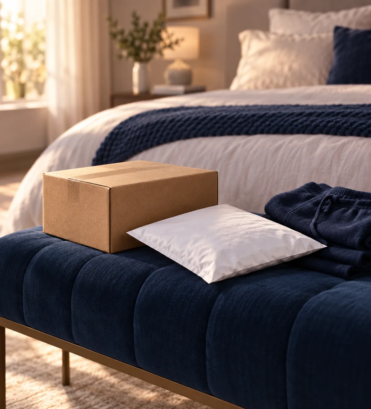 Unbranded shipping box and plain mailer on a navy bedroom bench